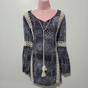 Velzera - Dress - Crochet Tunic Mini Dress Tassel Paisley Print - Size S - Blue